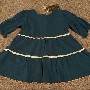 Teal Kids Dress with Lace Trim